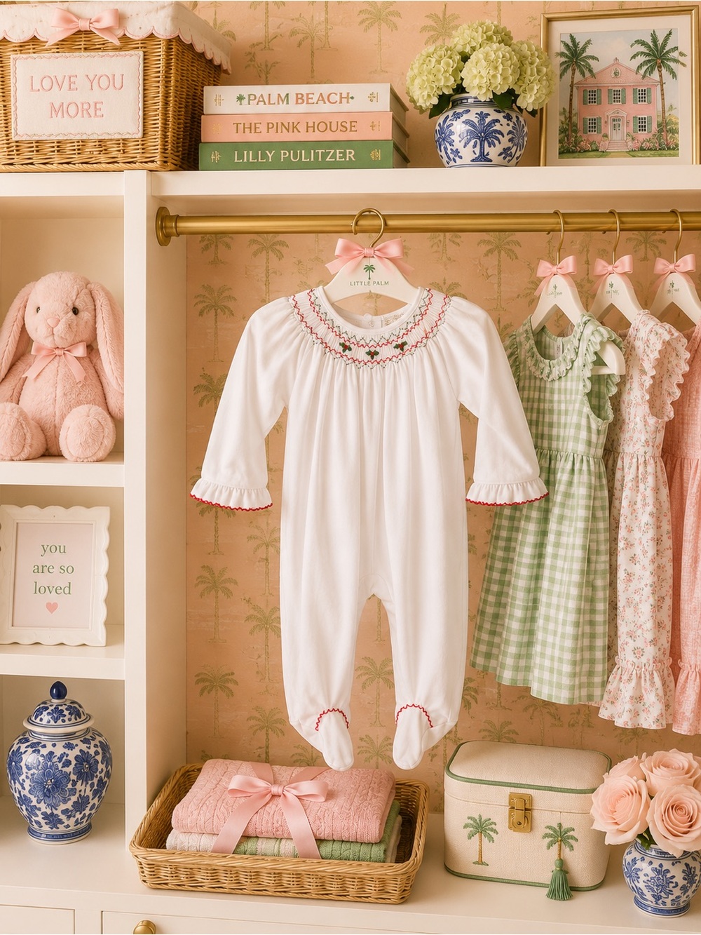 Kissy Kissy White Smocked Footie with Pink & Green Trim